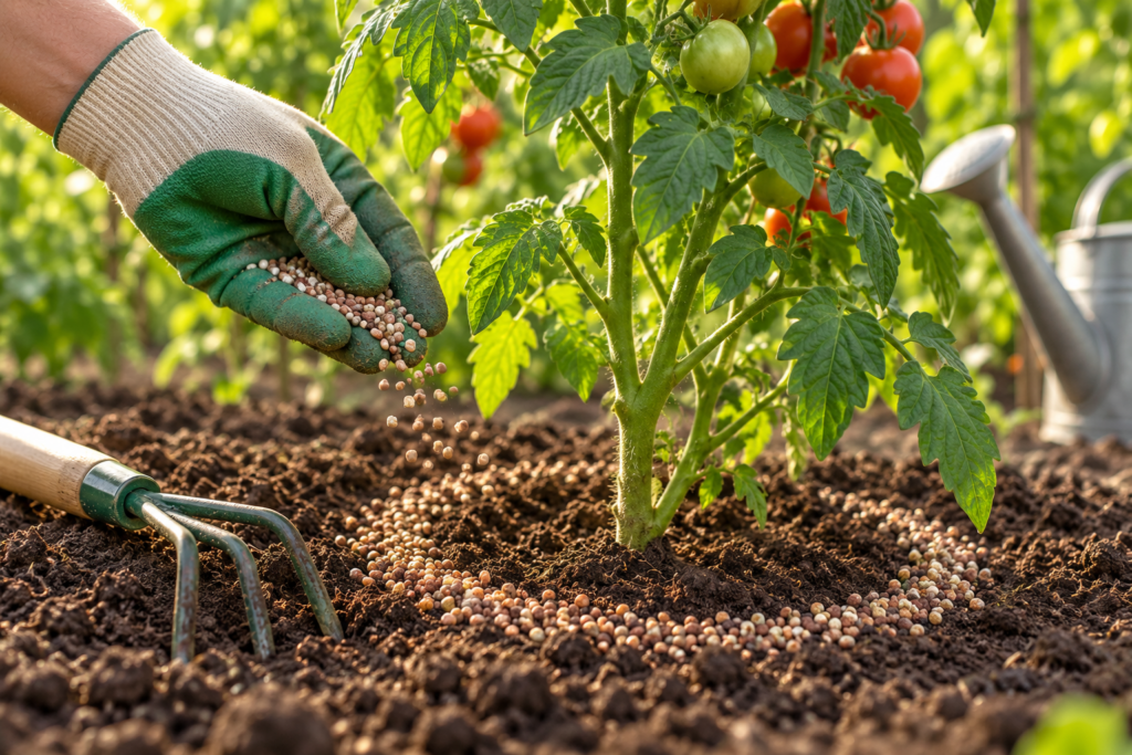 Side-dressing a tomato plant with granular organic fertilizer around its base