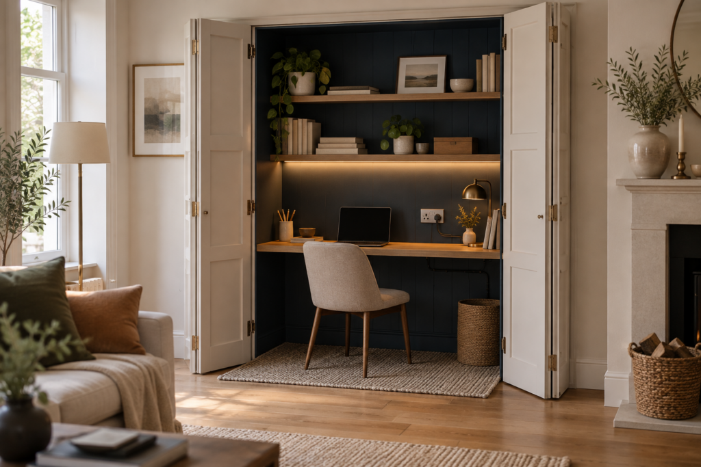 Compact alcove office with a fitted oak desk, shelf lighting and panelled doors that close it away from the living room