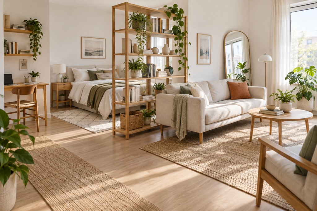 Small studio apartment zoned with an open bookcase divider, rugs and IKEA furniture