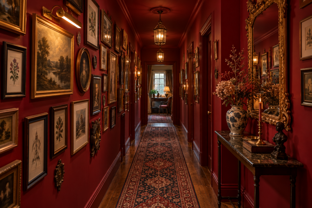 Narrow crimson hallway with a full-length gallery wall, patterned runner rug and an antique gilt mirror