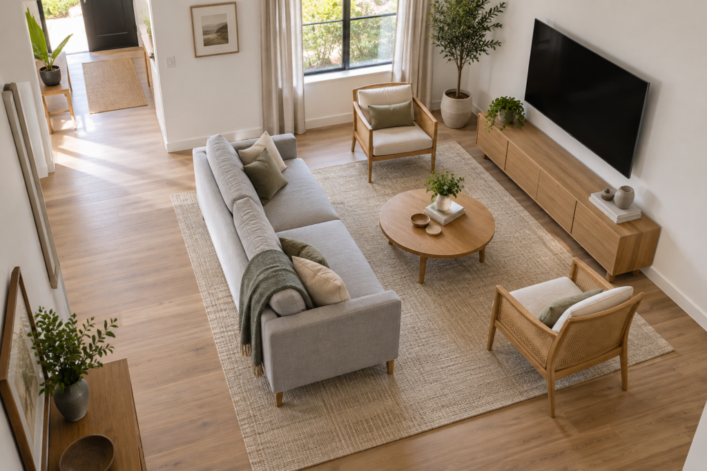 Small living room layout with sofa pulled off the wall, round coffee table, two armchairs and a clear walkway