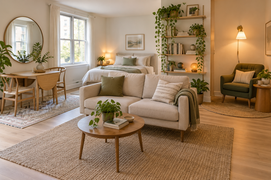 Small studio apartment with a leggy sofa, large round mirror, wall-mounted shelves, and a drop-leaf dining table