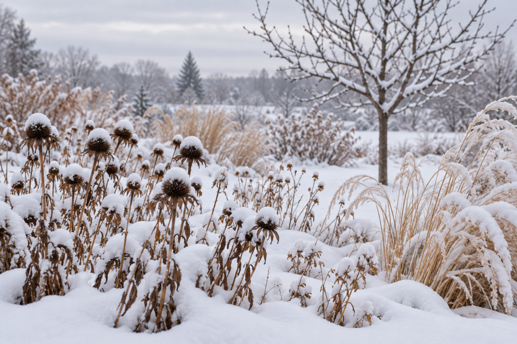 Perennial bed insulated by a layer of snow with seed heads and ornamental grasses poking through