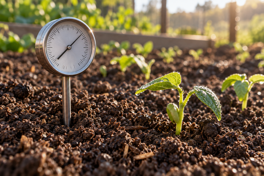 Soil thermometer in a vegetable bed beside emerging bean seedlings in early spring