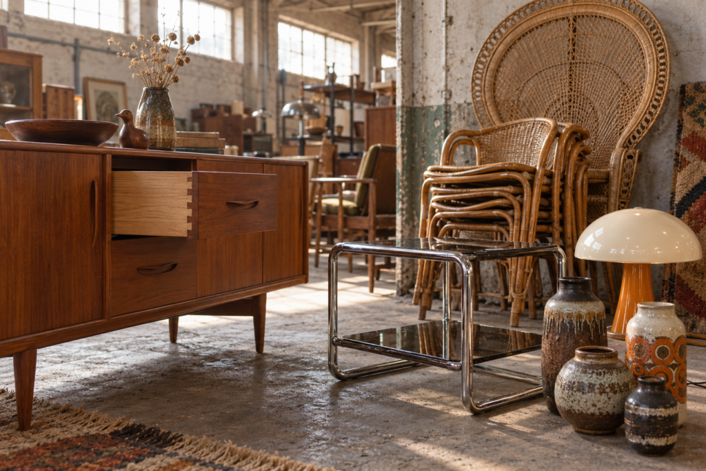 Vintage seventies furniture in a warehouse including a teak sideboard with an open drawer, chrome table and rattan chairs