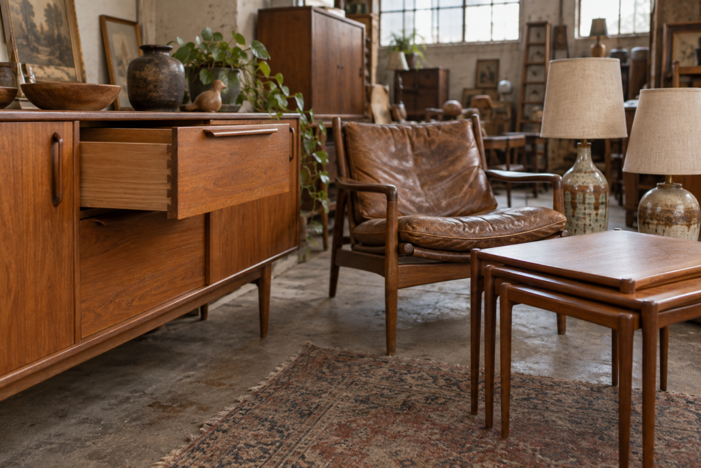 Vintage teak sideboard with an open dovetailed drawer beside a worn Danish leather chair in a secondhand warehouse