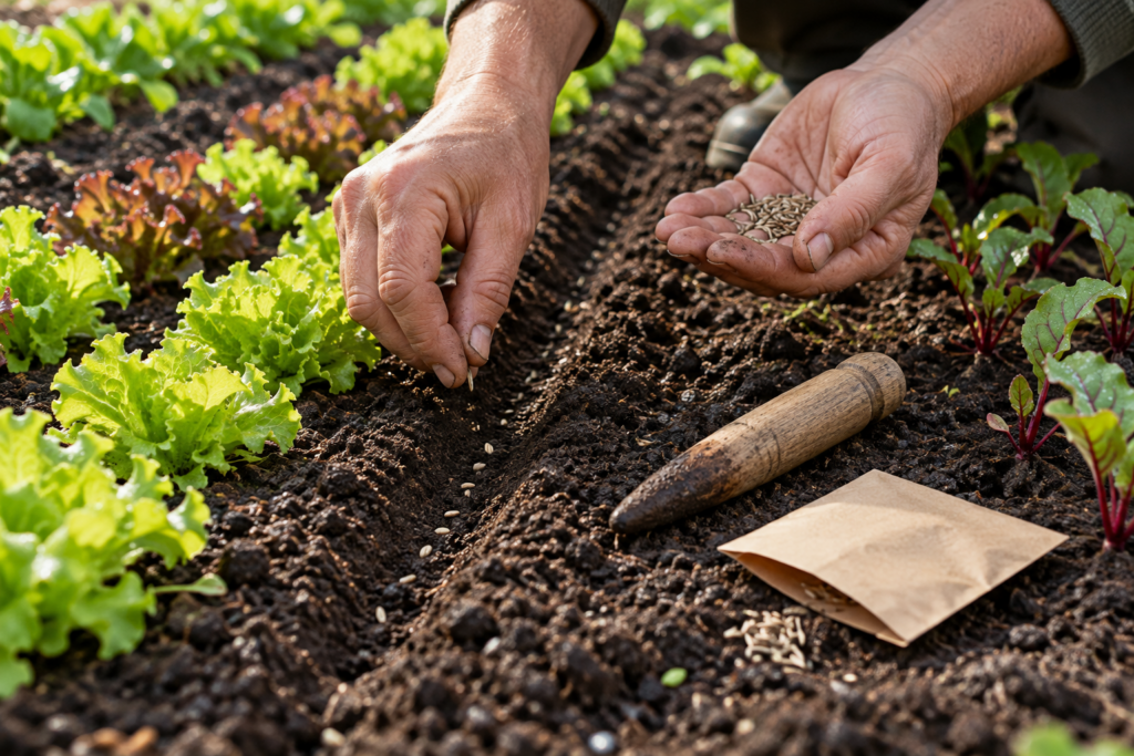 Hands sowing lettuce seeds into a furrow beside rows of young leafy greens and beet seedlings