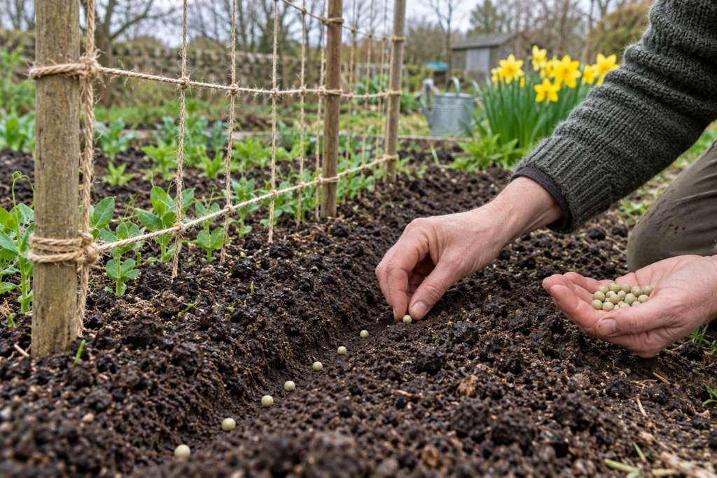 Sowing pea seeds at the base of a trellis in early spring with daffodils blooming nearby