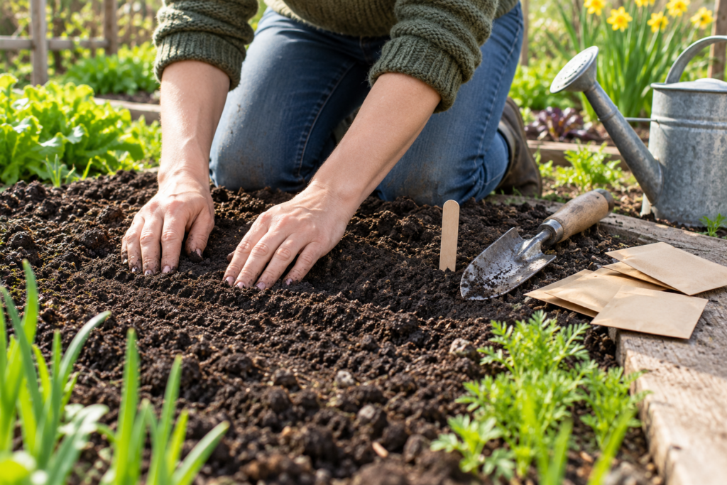 Person kneeling beside a spring vegetable bed firming soil over freshly sown seeds with a trowel and markers nearby