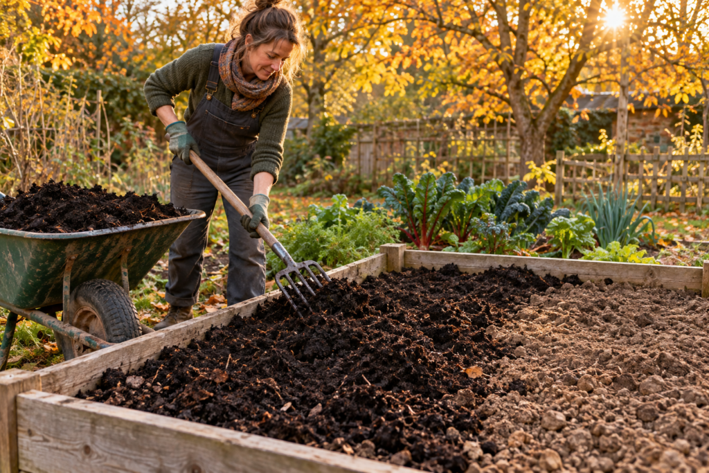 Spreading compost from a wheelbarrow over a raised vegetable bed as a soil amendment