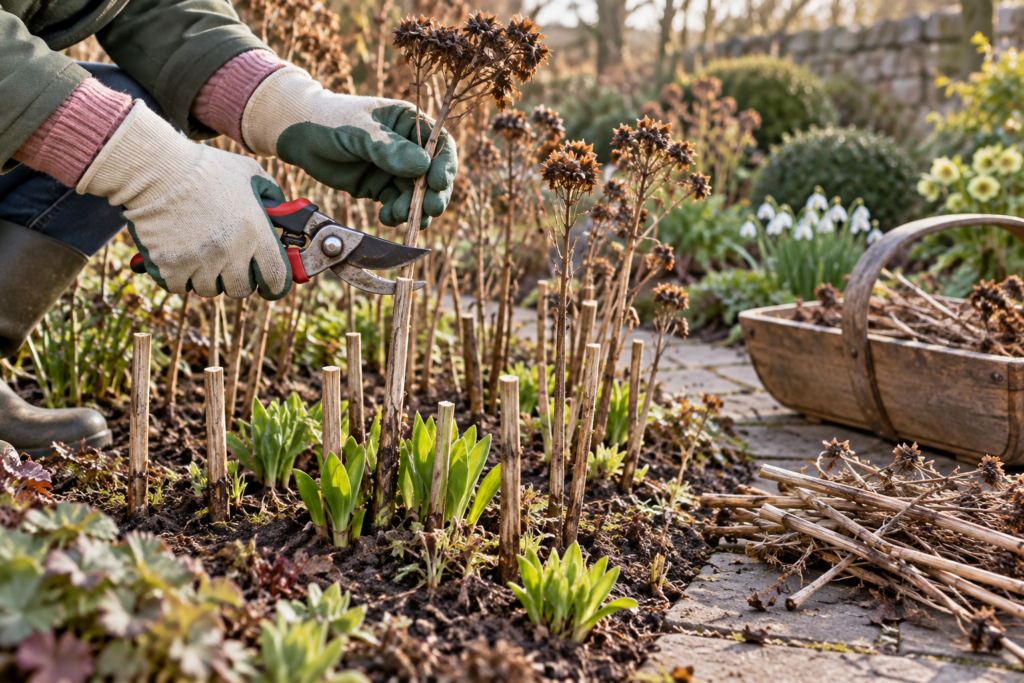 Cutting back old perennial stems in spring while leaving tall stubs for beneficial insects