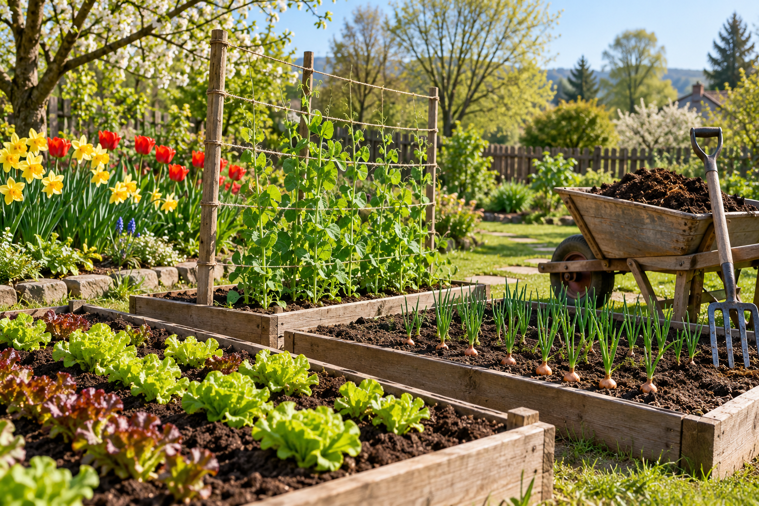 Spring gardening scene with prepared raised beds, young lettuce, peas on a trellis, and blooming daffodils and tulips