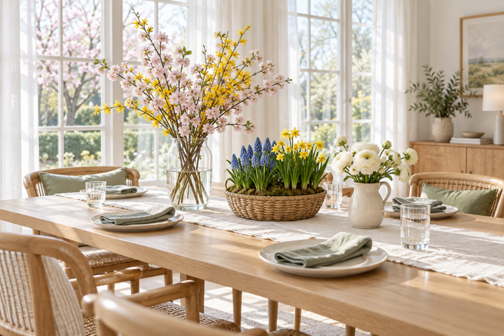 Bright spring dining table with flowering branches, potted hyacinths and daffodils, ranunculus, and sage linen napkins