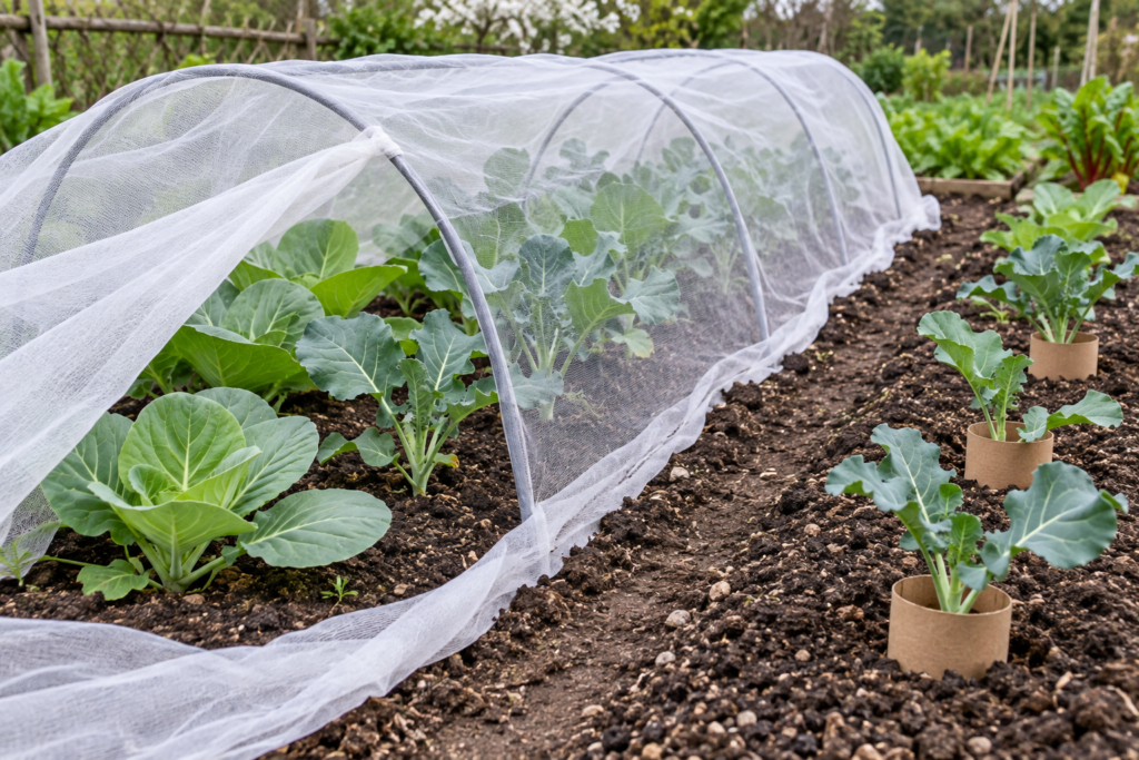Insect netting over hoops and cardboard cutworm collars protecting young spring vegetable plants