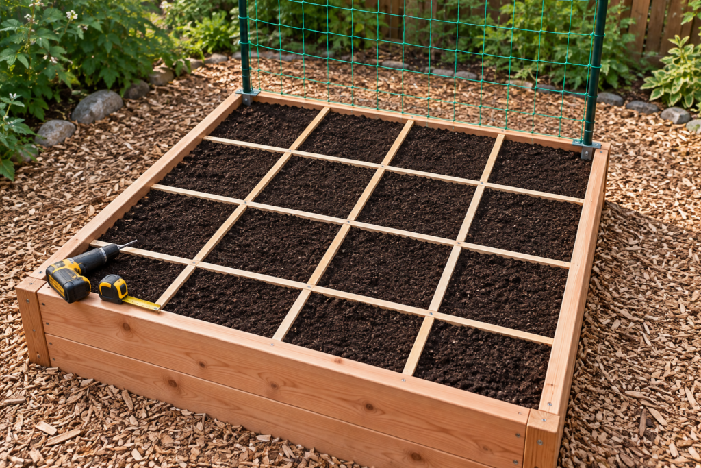 Newly built square foot garden box with a wooden lath grid and trellis netting along the back edge