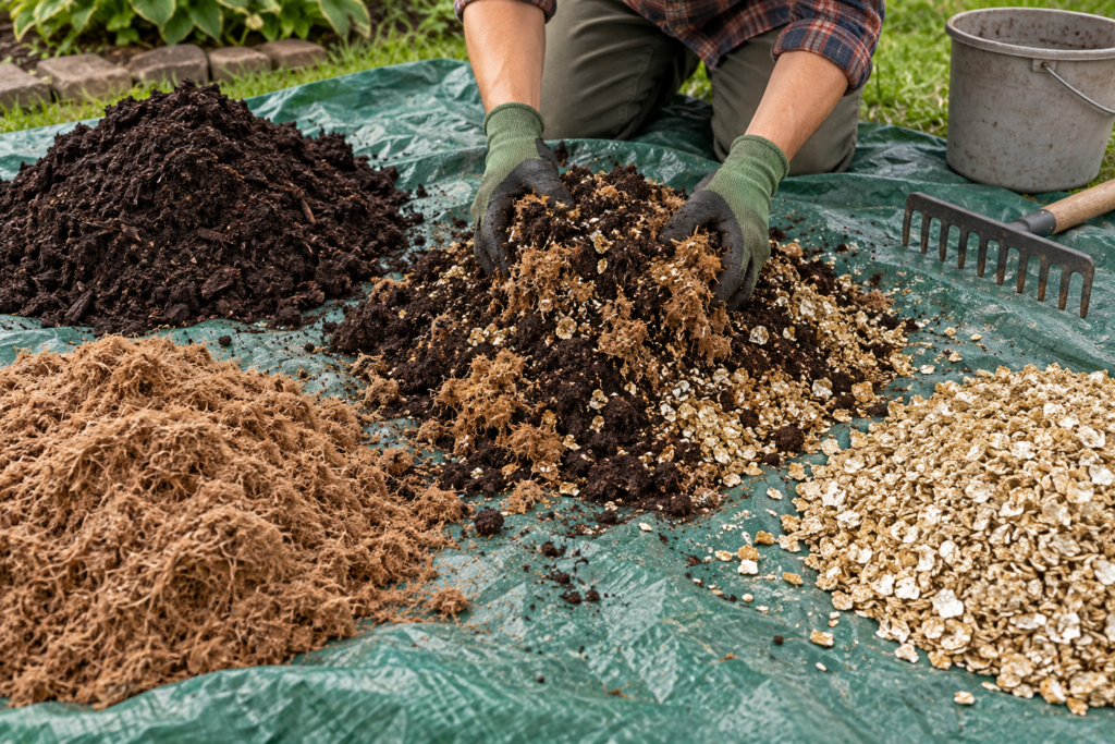 Mixing compost, peat moss, and vermiculite on a tarp to make square foot garden growing mix