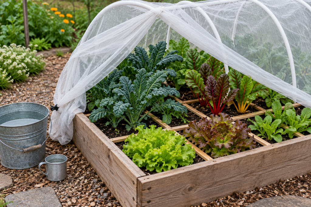Square foot garden box protected by hoops and insect netting with a water bucket beside it