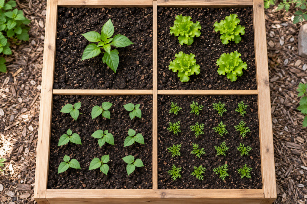 Overhead view of square foot garden spacing showing one, four, nine, and sixteen plants per square