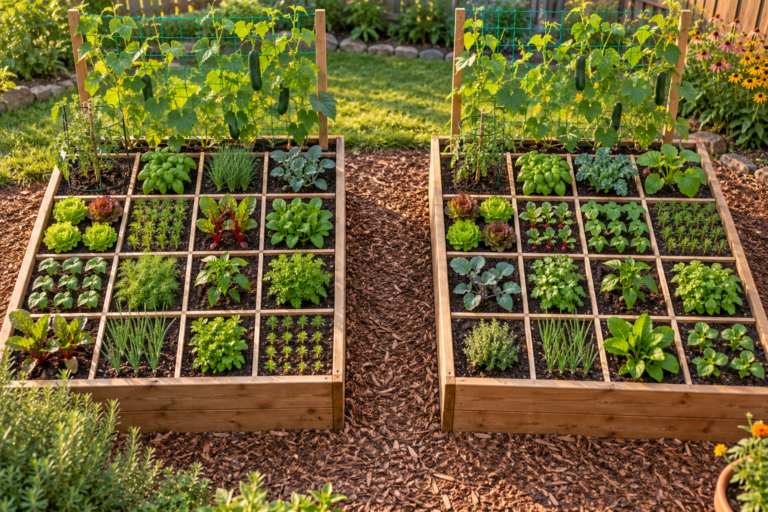 Square foot gardening boxes divided into a grid with tomatoes, lettuce, beans, carrots, and a cucumber trellis