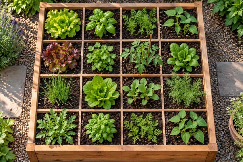 Square foot grid raised bed planted with lettuce, basil, carrots, beans, and a young tomato plant