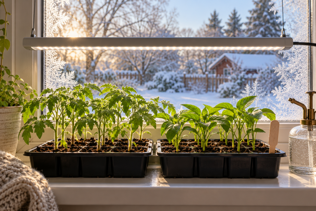 Tomato and pepper seedlings started indoors under a grow light while frost covers the garden outside