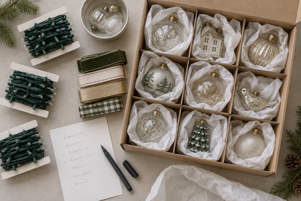 Christmas lights wound onto card reels and ornaments wrapped in tissue in a compartmented storage box