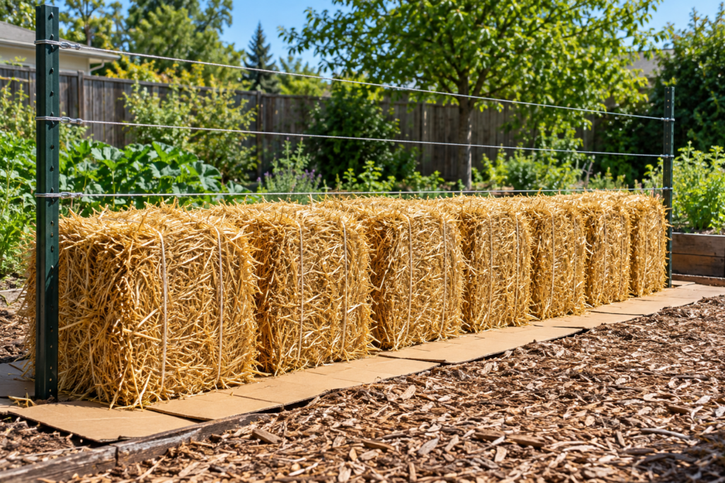 Row of straw bales set on cardboard with strings on the sides and a post-and-wire trellis behind