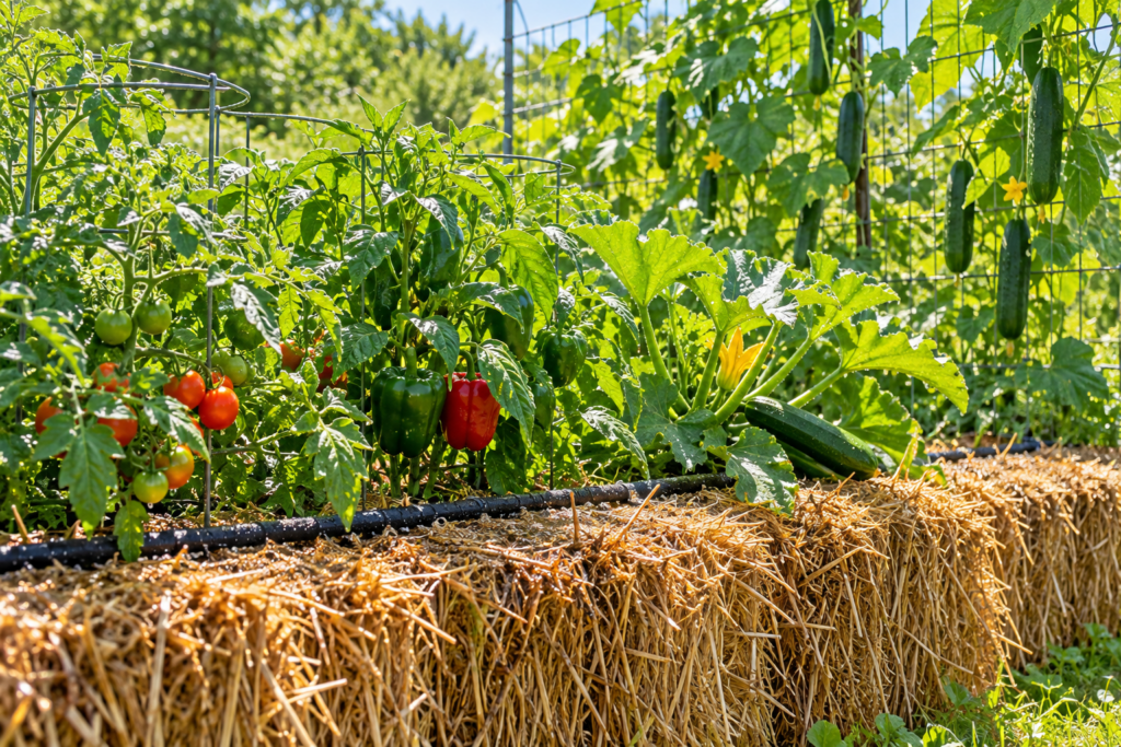 Soaker hose running along straw bales planted with tomatoes, peppers, zucchini, and trellised cucumbers