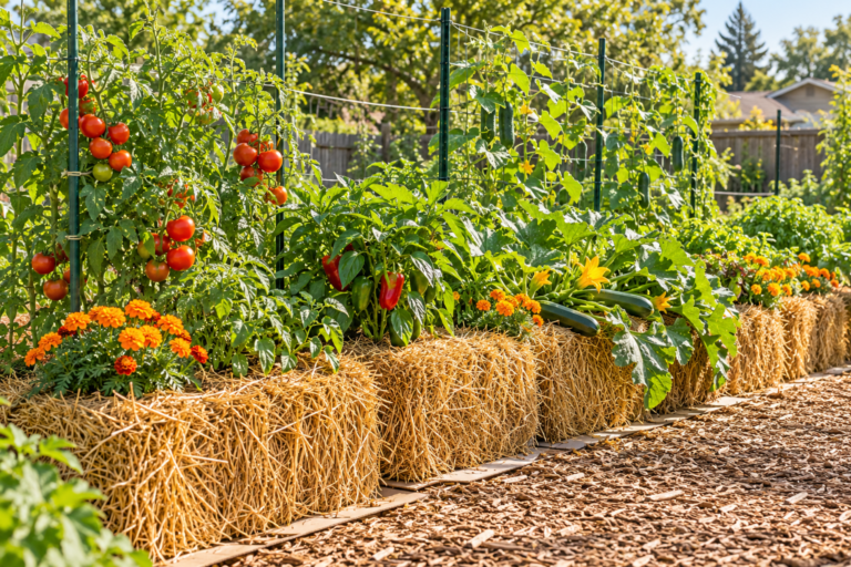 Straw bale gardening row planted with tomatoes, peppers, zucchini, marigolds, and trellised cucumbers