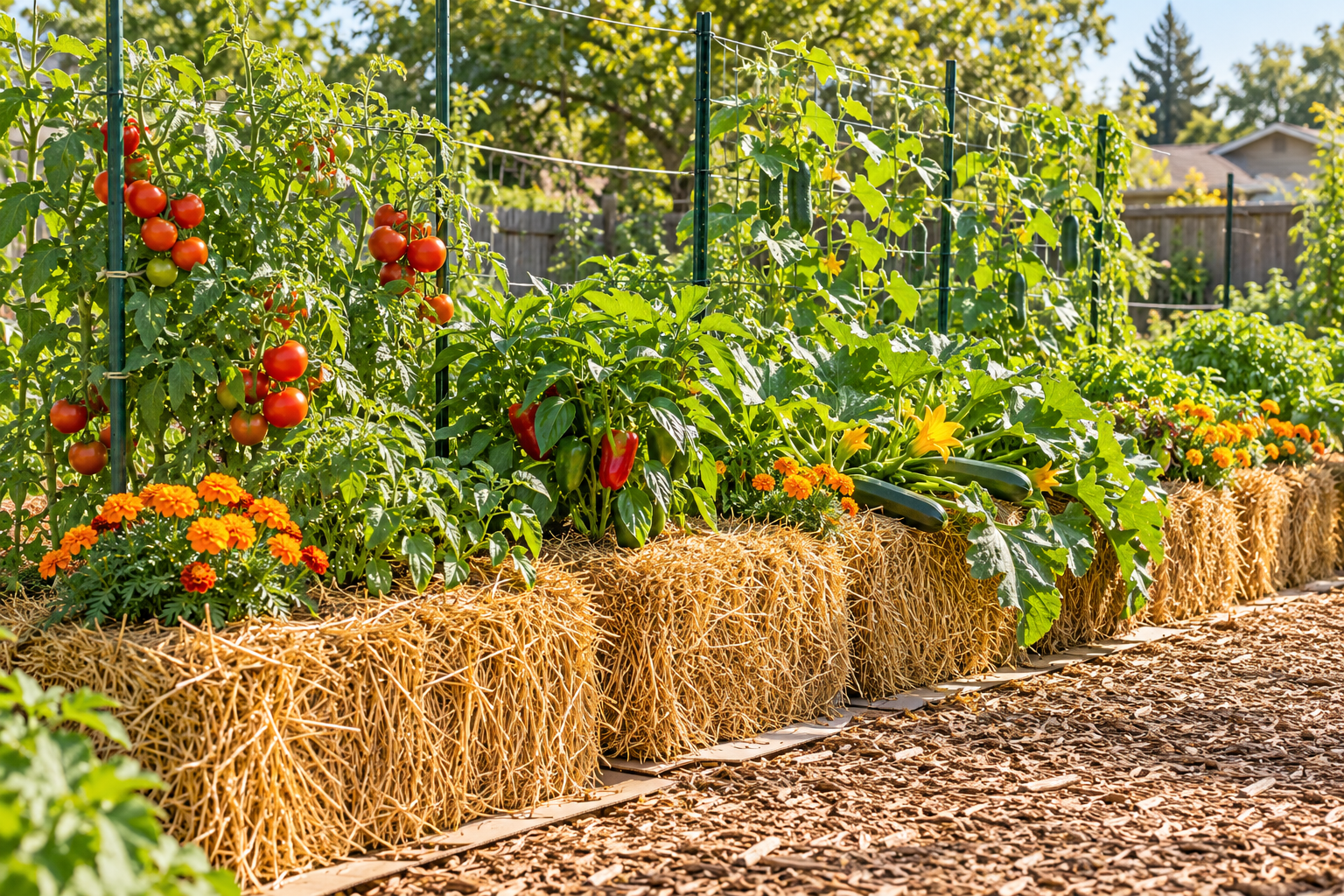 Straw bale gardening row planted with tomatoes, peppers, zucchini, marigolds, and trellised cucumbers