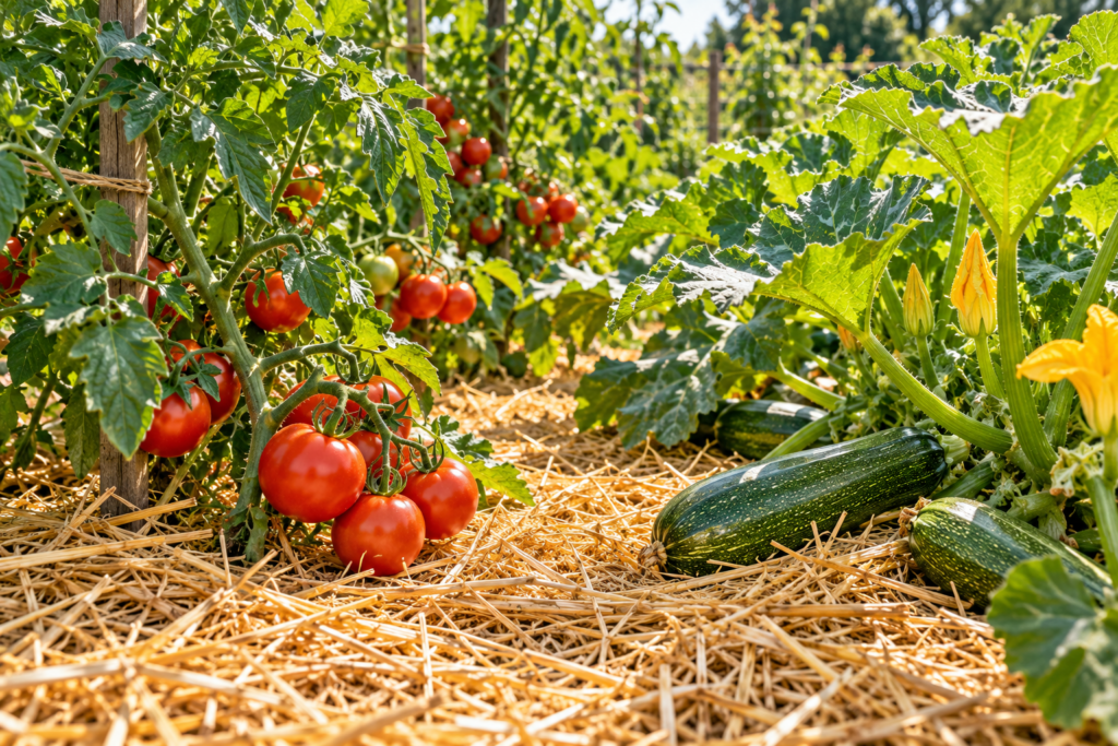 Vegetable garden with tomatoes and squash mulched with a thick layer of straw