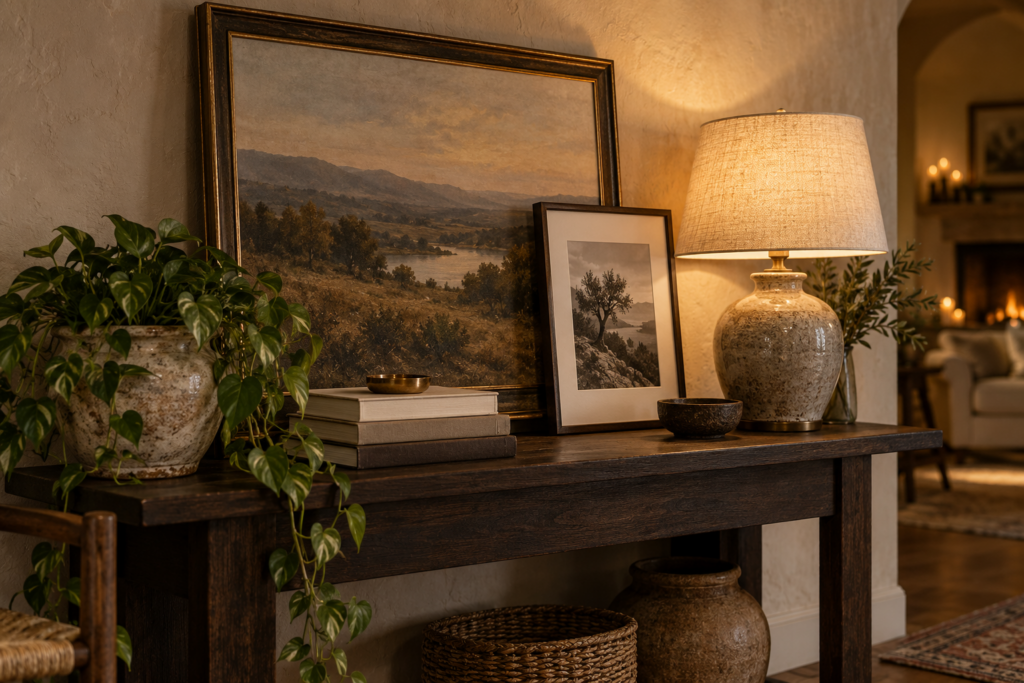 Console styled with two overlapping leaning artworks, a lamp, a trailing plant and a stack of books