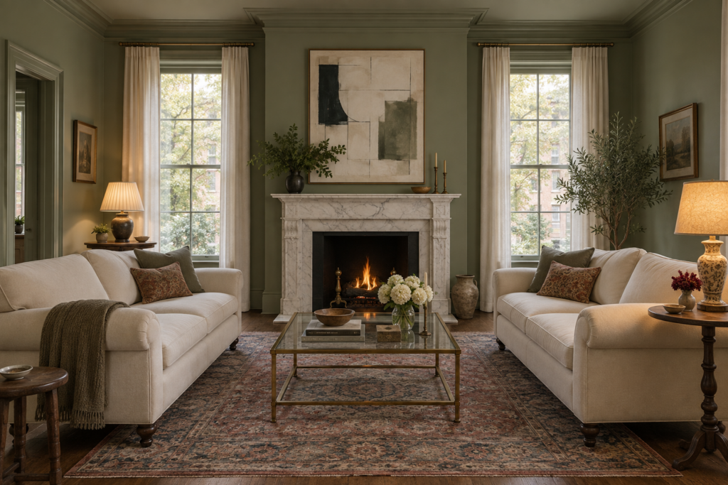 Townhouse living room with sage green walls and trim, a marble fireplace, facing cream sofas, and an antique rug
