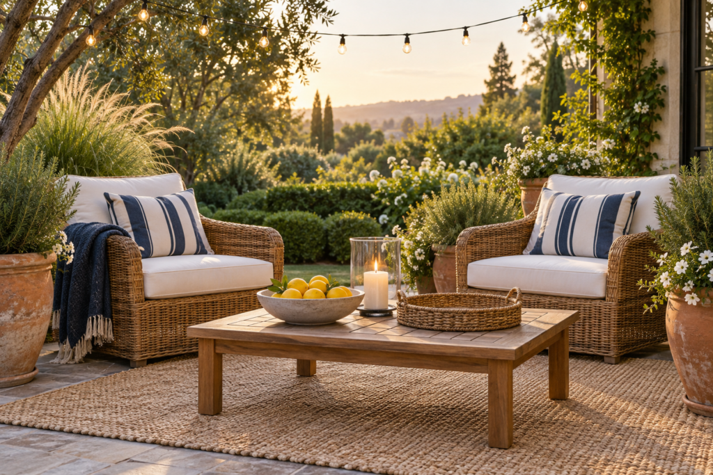 Summer patio with rattan chairs, striped outdoor cushions, a bowl of lemons, potted herbs and grasses, and string lights