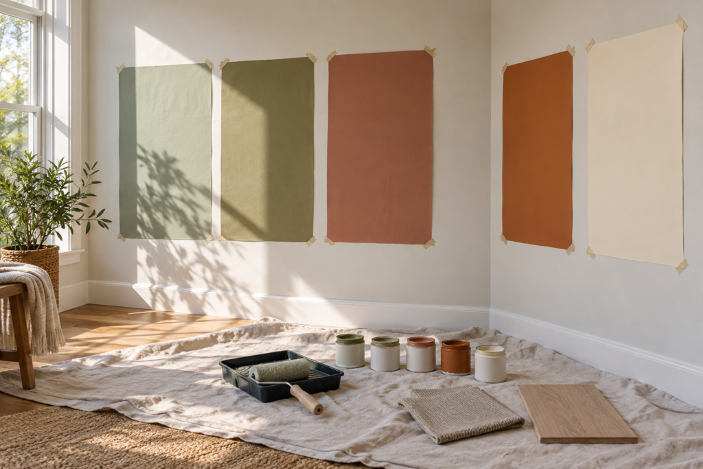 Large sage, olive, terracotta, burnt orange, and cream paint swatches tested on walls in natural light