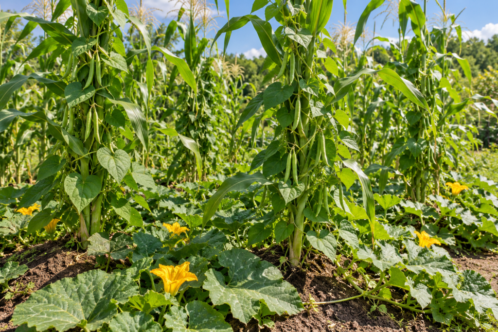 Three Sisters companion planting with beans climbing corn stalks and squash spreading beneath