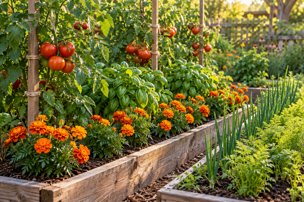 Tomatoes growing with basil and marigolds beside rows of onions and carrots in a raised bed
