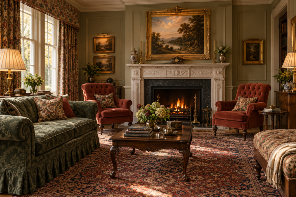 Traditional living room with a skirted damask sofa, carved mahogany table, gilt-framed painting and Persian rug