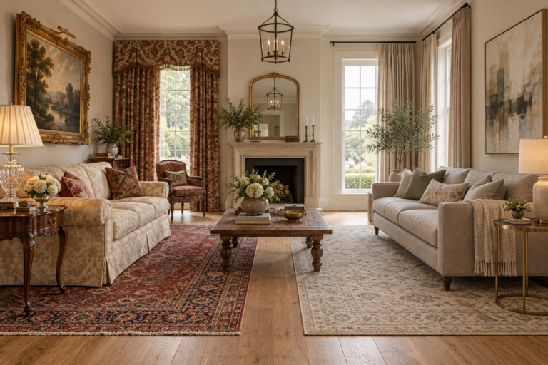 Living room styled half traditional with a skirted damask sofa and gilt art, half transitional with a clean-lined linen sofa