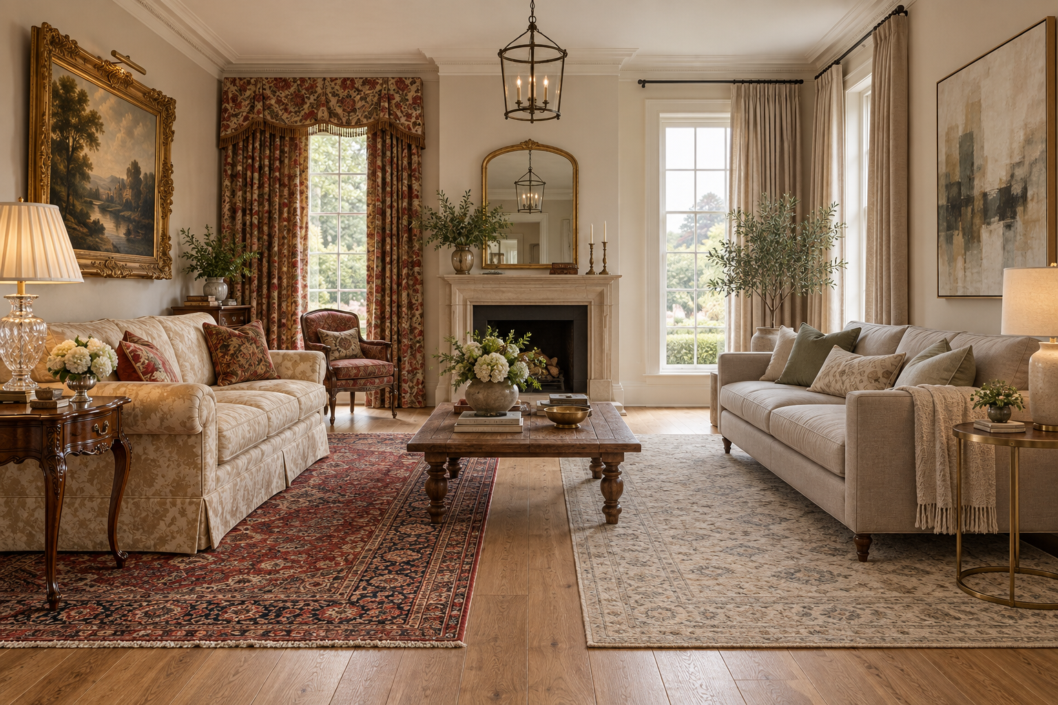 Living room styled half traditional with a skirted damask sofa and gilt art, half transitional with a clean-lined linen sofa