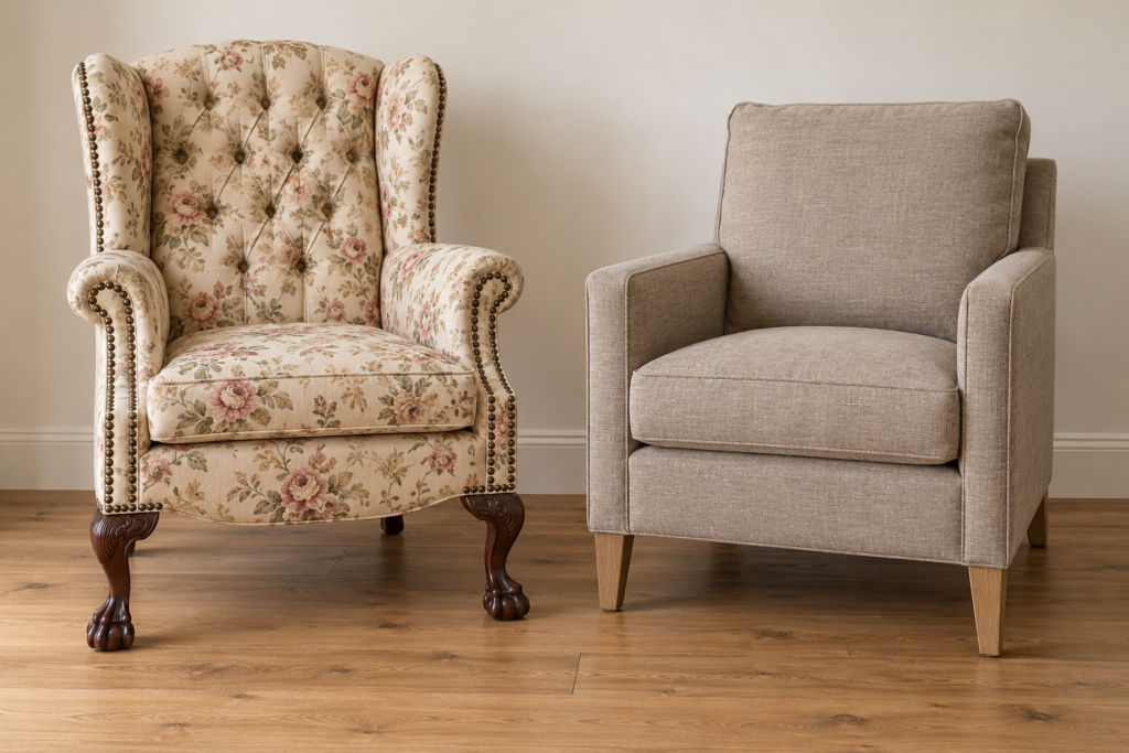 Traditional tufted wingback chair with carved legs beside a plain transitional linen armchair with tapered legs