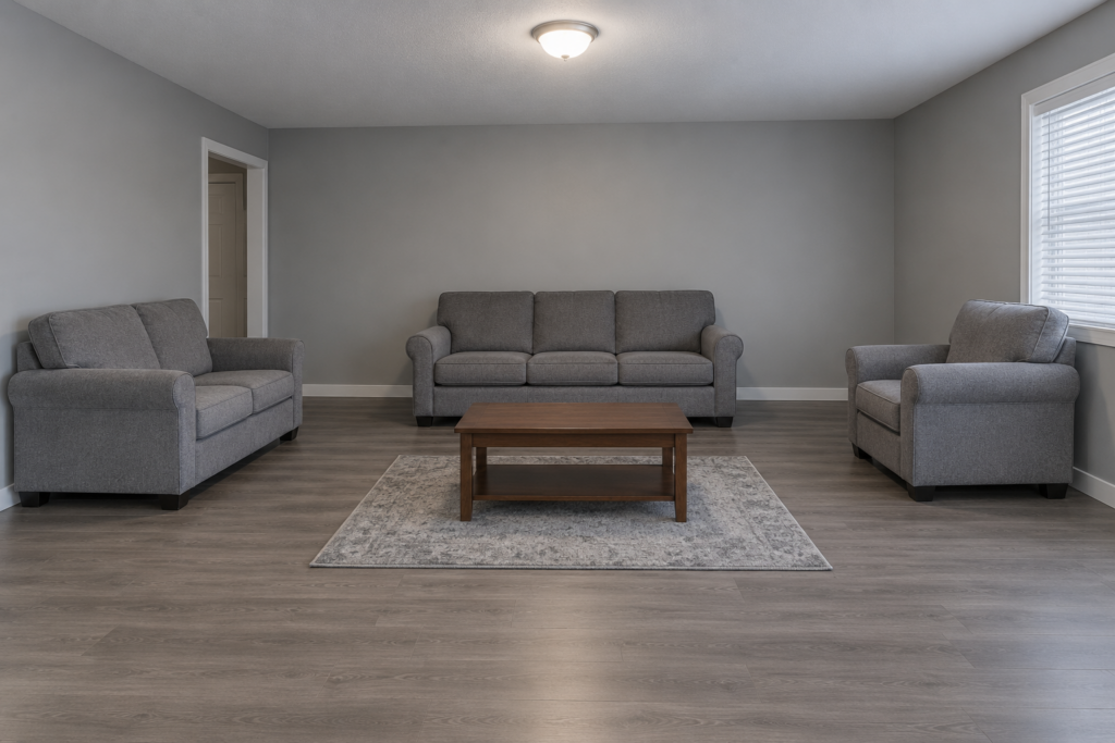 Flat-looking grey living room with a matched furniture suite, undersized rug and a single overhead light