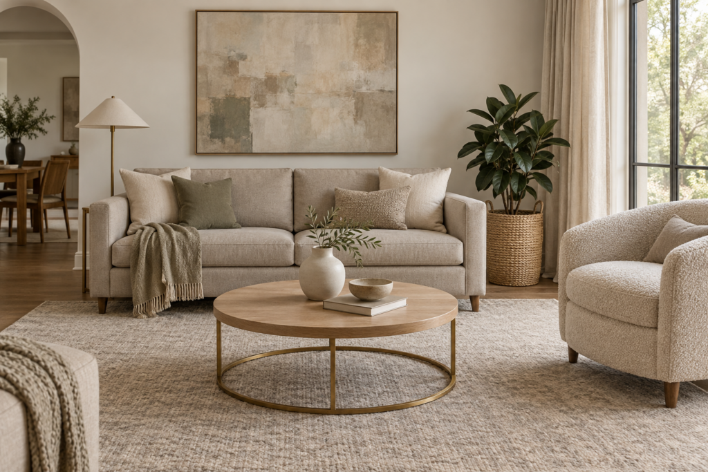 Transitional living room with a clean-lined greige linen sofa, oak and brass table and a large muted abstract canvas