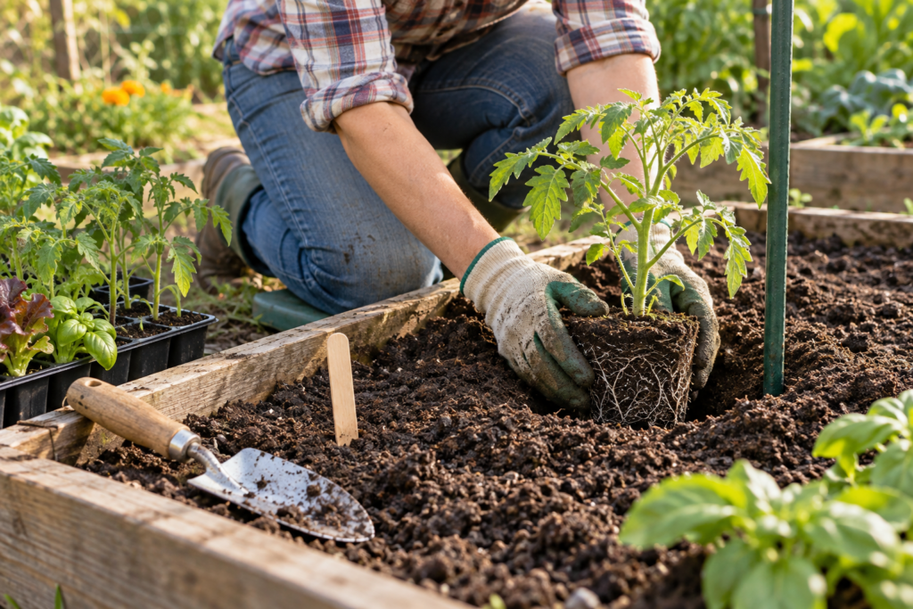 Gardener transplanting a young tomato seedling into a raised vegetable bed beside a tray of seedlings