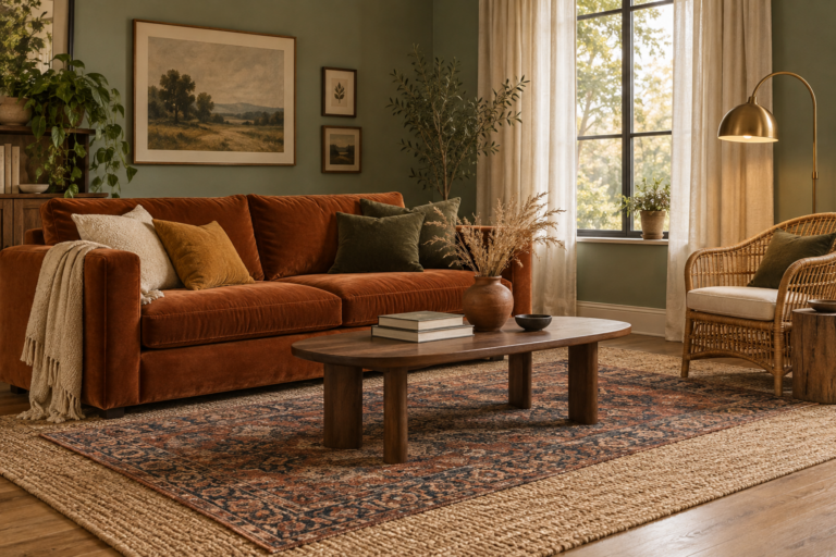 Living room with sage green walls, a burnt orange velvet sofa, ochre and olive cushions, and warm natural textures
