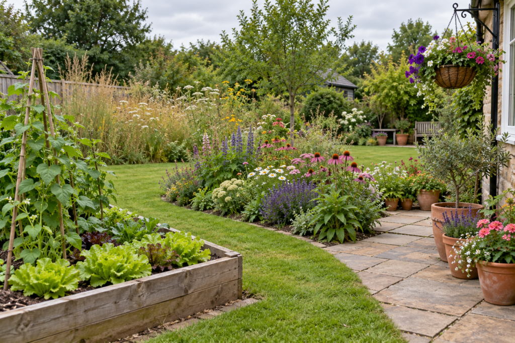 A garden showing vegetable beds, an ornamental border, container plantings, and a wildflower corner together