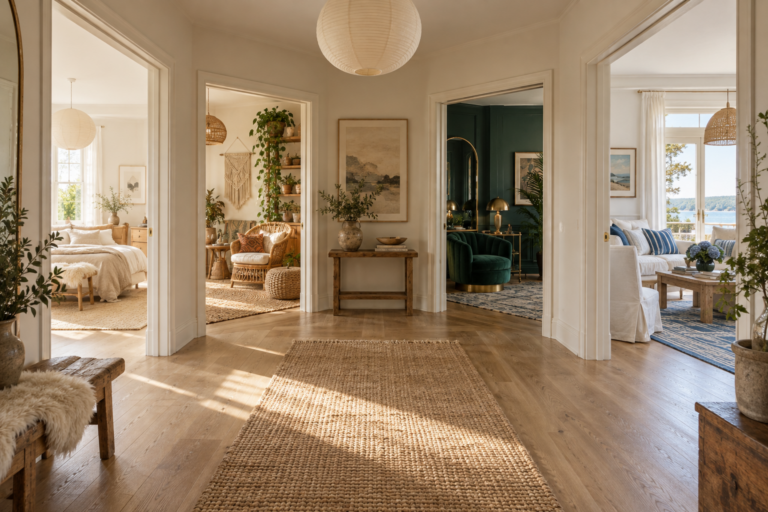 Connected rooms showing different types of home decor styles including Scandinavian, bohemian, Art Deco and coastal