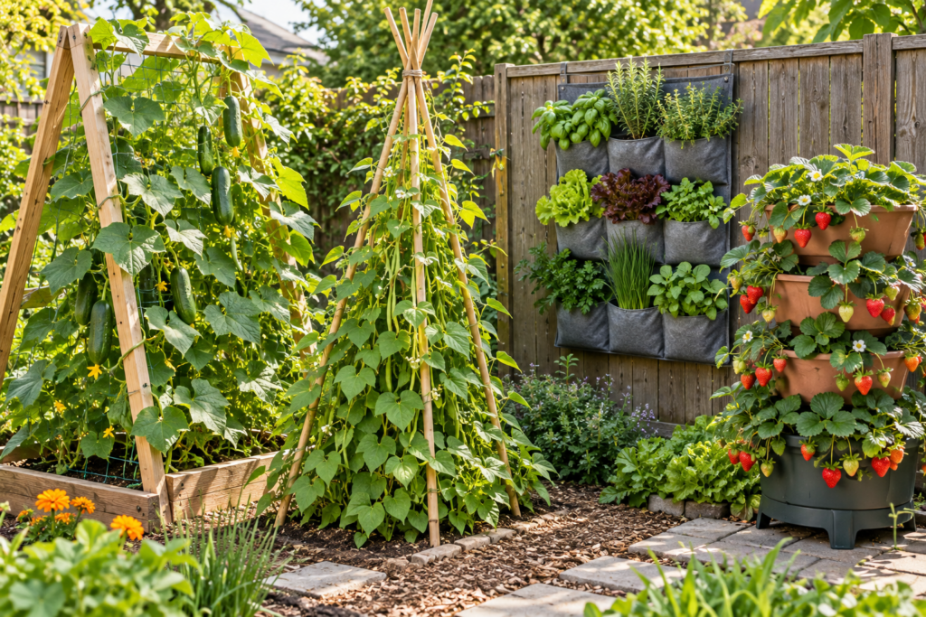Different vertical gardening systems including an A-frame trellis, bean tepee, fence pocket planter, and strawberry tower