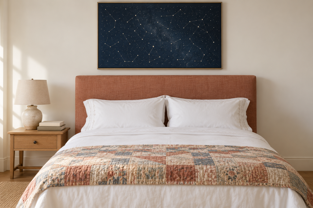 Uncluttered bedroom with a terracotta upholstered headboard, a framed star map above the bed, and an heirloom quilt