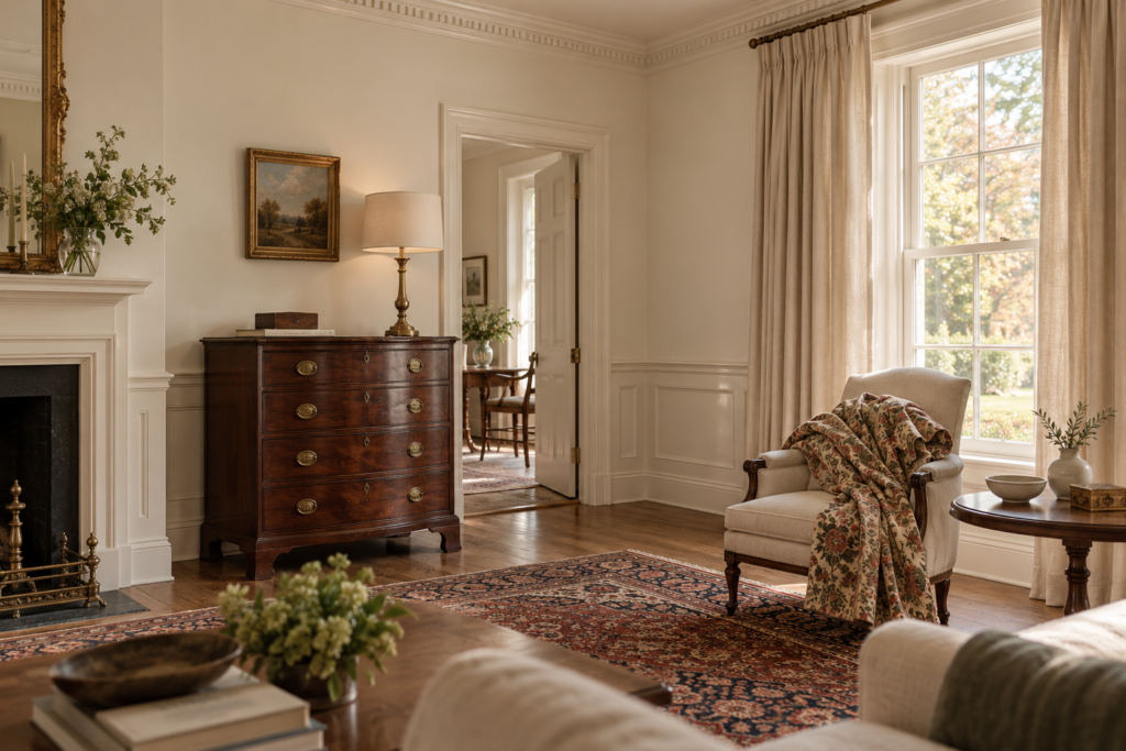 Traditional room being updated with painted millwork, plain linen curtains and a drum shade on an antique lamp base